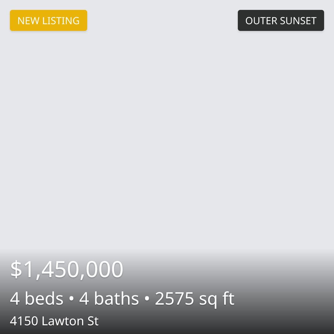 listing_feed's tweet image. 🏠 New Listing in SF

4150 Lawton St, San Francisco, CA 94122

$1,450,000 · 4 beds · 4 baths · 2,575 sqft

Outer Sunset

View listing details: buff.ly/KS1gLnT

SF listing activity: buff.ly/41ltqP7

#OuterSunset #for_sale #sf #sanfrancisco #sfhomes #sfre #bayarea