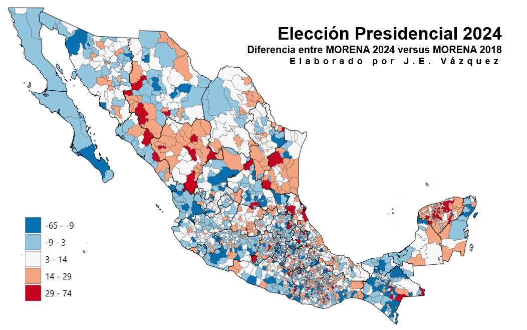 ClickDgo's tweet photo. Este mapa es una comparativa municipal de la votación de @PartidoMorenaMx en 2024 versus lo que obtuvo en 2018.

Color azul implica pérdida de votación (en %) y color rojo se traduce en ganancia de votación (en %).

El tono gris representa un promedio de +5% de votos. https://t.co/eTjHojpxsB