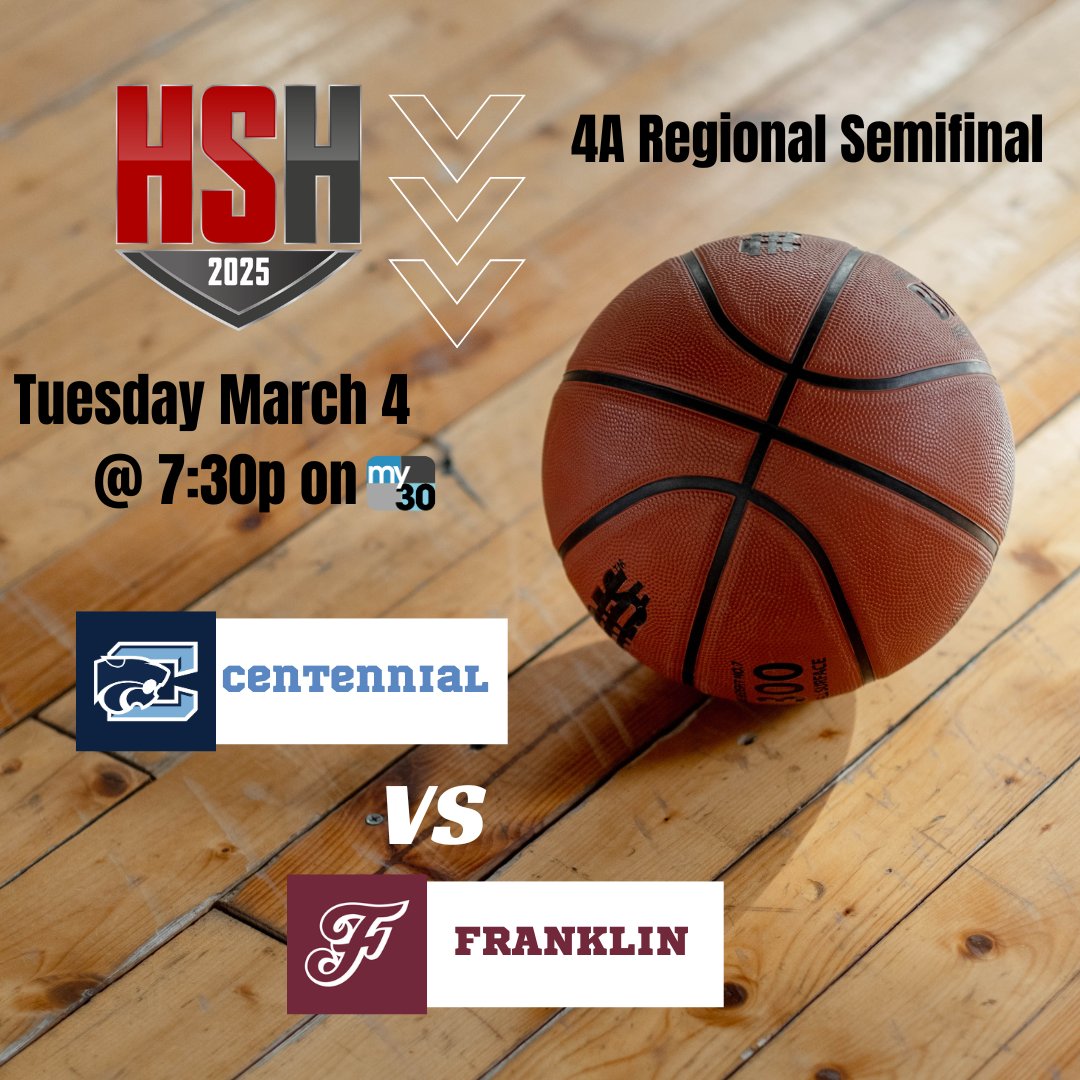 @MyTV30_Sports (@mytv30_sports) on Twitter photo Tune in TOMORROW at 7:30p for our last HSH game of the 2025 season! As <a href="/chs_cougars_bb/">Centennial Cougars Boys Basketball</a> takes on <a href="/wcsFHSHoops/">Franklin Basketball</a> in the 4A Regional Semifinal🏀 Tune in TOMORROW at 7:30p for our last HSH game of the 2025 season! As <a href="/chs_cougars_bb/">Centennial Cougars Boys Basketball</a> takes on <a href="/wcsFHSHoops/">Franklin Basketball</a> in the 4A Regional Semifinal🏀
