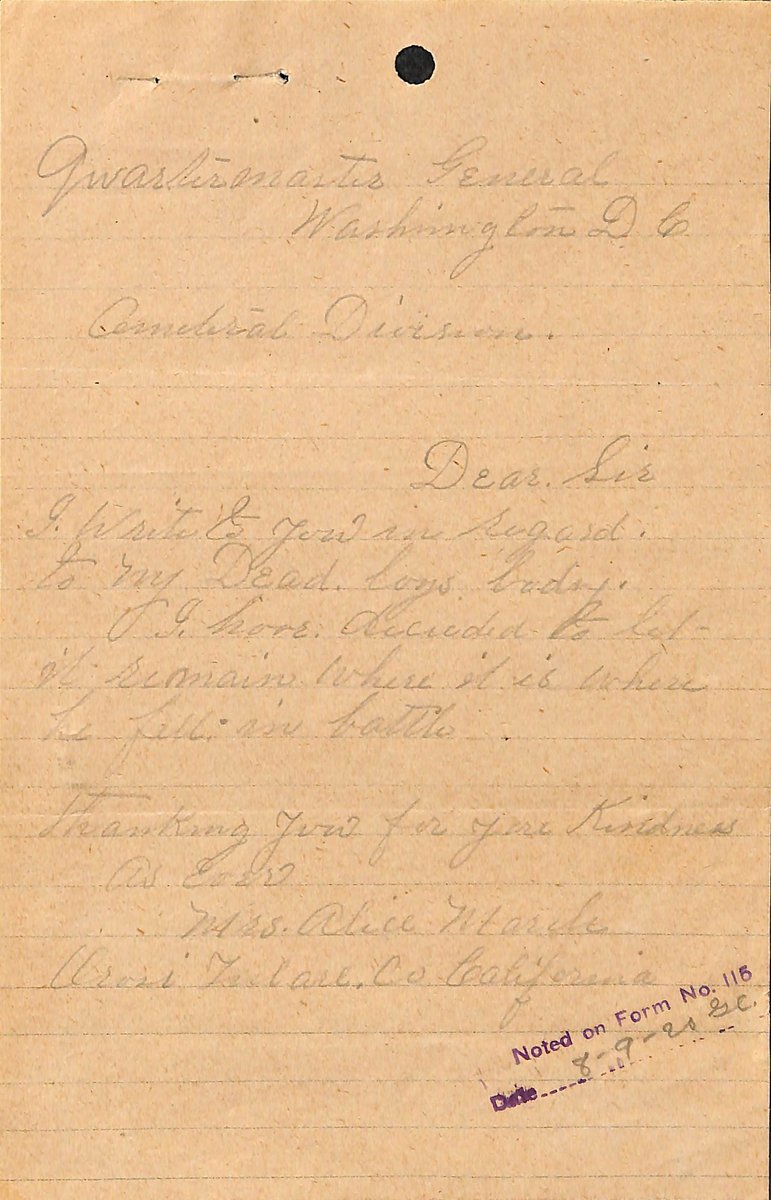 In this letter, Mrs. Alice March requests that the body of her son remain overseas.  George March is buried in Flanders Field American Cemetery in Waregem, Belgium. #ArchivesHandwriting #ArchivesHashtagParty