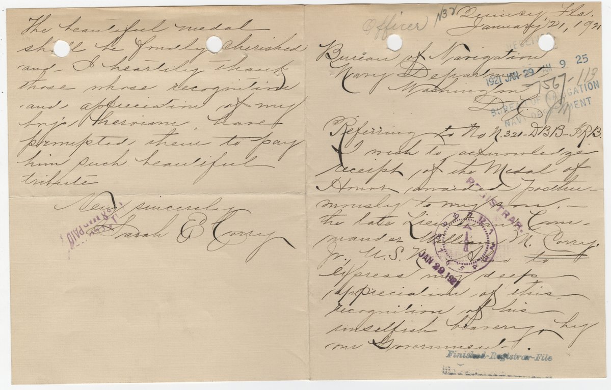 Medal of Honor recipient William Corry’s mother penned a beautiful letter thanking the Navy for the medal and recognizing her son’s heroism.  #ArchivesHandwriting #ArchivesHashtagParty