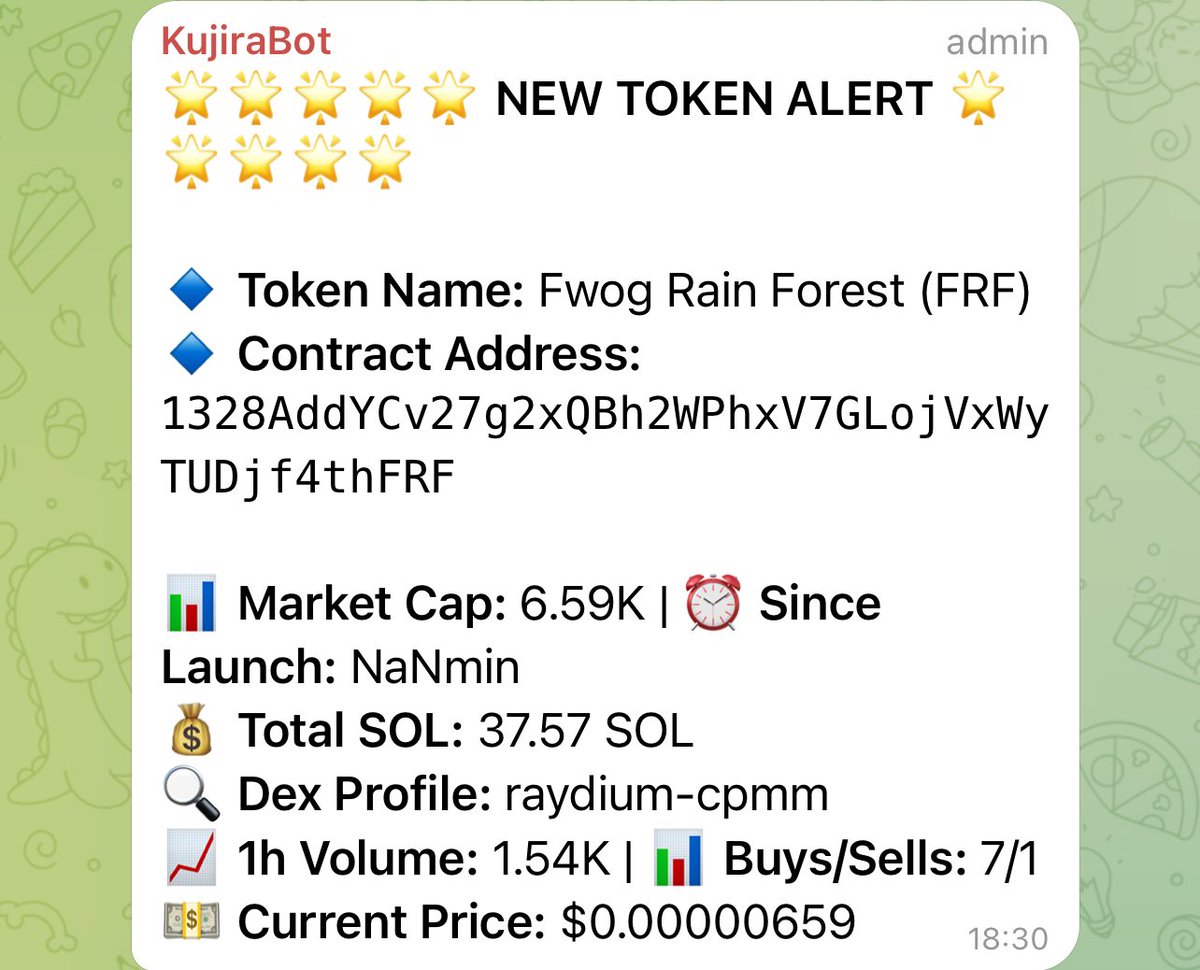 sutralabs's tweet image. Kujira Bot called $FRF at 6.59K market cap. 

So far @FwogRainForest hit an ATH of 124.51K therefore giving gains of 19X thus far 🚀

It is currently sat at 102.36K market cap with a 5m volume of $5.5K.