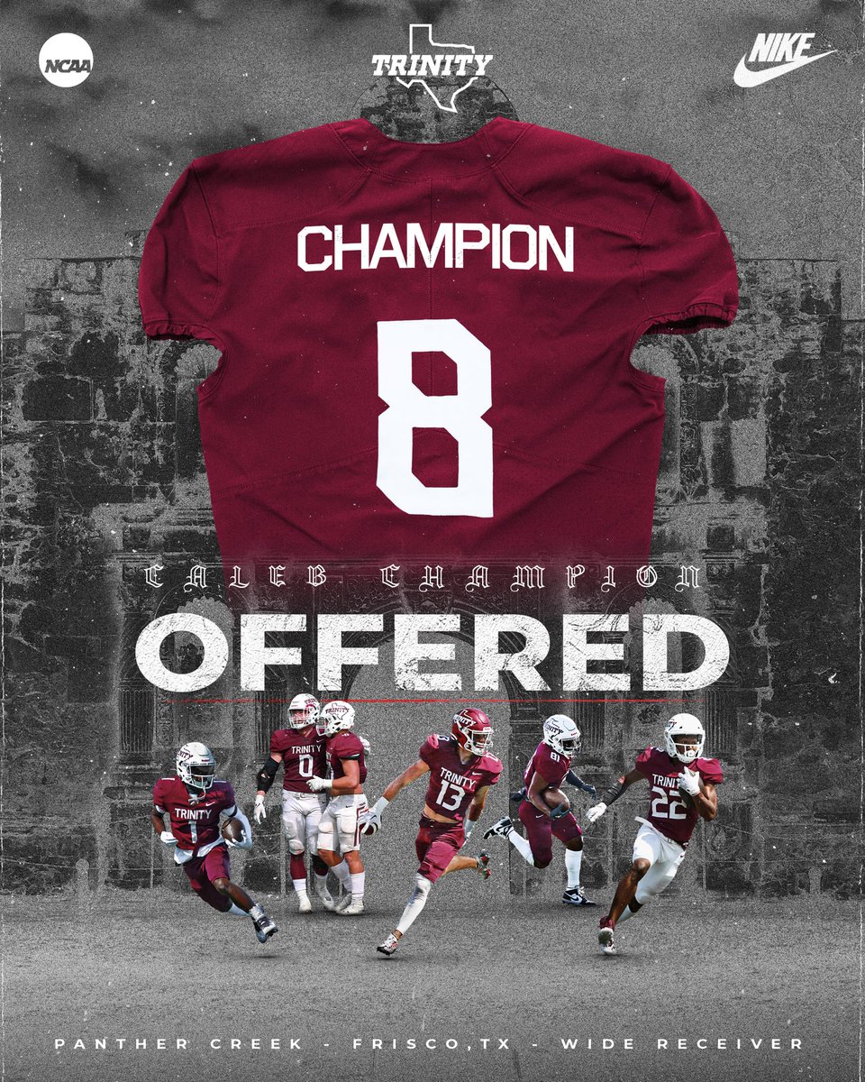 Caleb Champion (@champupnext) on Twitter photo Blessed to receive an offer from Trinity University! <a href="/CoachJaredCate/">Jared Cate</a> <a href="/clintsurratt/">Clint Surratt</a> <a href="/PCHSfriscoFB/">Panther Creek Football Recruiting</a> <a href="/dezlewis13/">Dezmin Lewis</a> <a href="/eron_sauls/">Coach E.Sauls</a> <a href="/CoachGezella/">Coach Gezella</a> Blessed to receive an offer from Trinity University! <a href="/CoachJaredCate/">Jared Cate</a> <a href="/clintsurratt/">Clint Surratt</a> <a href="/PCHSfriscoFB/">Panther Creek Football Recruiting</a> <a href="/dezlewis13/">Dezmin Lewis</a> <a href="/eron_sauls/">Coach E.Sauls</a> <a href="/CoachGezella/">Coach Gezella</a>