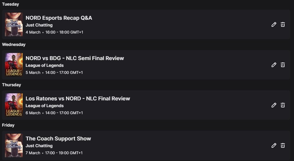 just jon (@justjon_lol) on Twitter photo Stream schedule 04.03 - 07.03
Tomorrow <a href="/NORDEsports/">NORD Esports</a> split recap and Q&A (reply to this tweet with questions if you have them!)
Wednesday - Semi-final review
Thursday - Final review
Friday - The Coach Support Show Stream schedule 04.03 - 07.03
Tomorrow <a href="/NORDEsports/">NORD Esports</a> split recap and Q&A (reply to this tweet with questions if you have them!)
Wednesday - Semi-final review
Thursday - Final review
Friday - The Coach Support Show