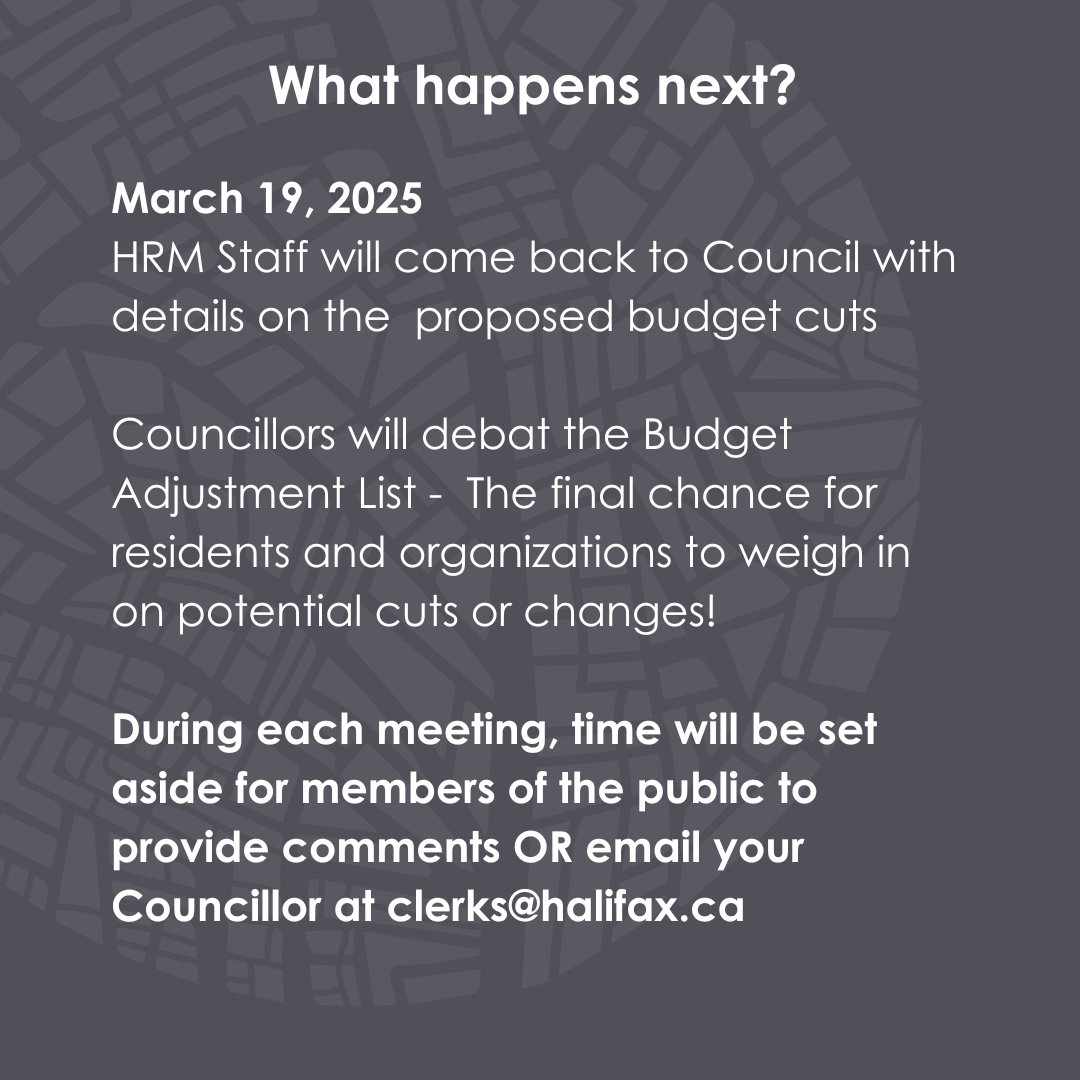 HRM’s budget process is underway! Councillors are reviewing proposed cuts, including funding for HalifACT, tree planting, JustFOOD, buses, road safety, and supports for unhoused persons. Public input is crucial! March 19th is the final chance to weigh in. #HRMBudget