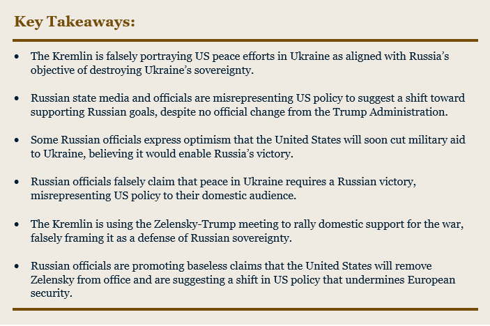 NEW: The Kremlin is falsely framing the US objectives of achieving peace in Ukraine as being aligned with Russia's stated objectives of destroying Ukraine as a sovereign state in the aftermath of the Feb 28 White House meeting between Zelensky and Trump.

Russian officials are