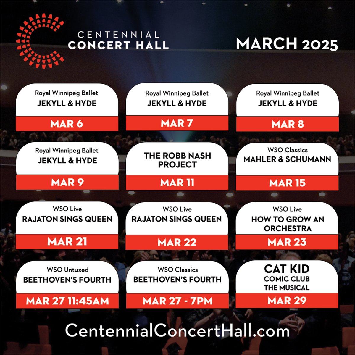 Winnipeg📢 Our March 2025 lineup at Centennial Concert Hall features; Cat Kid Comic Club The Musical, RWB Jekyll &amp; Hyde, WSO Rajaton Sings Queen and more! Info at centennialconcerthall.com.
#winnipeg