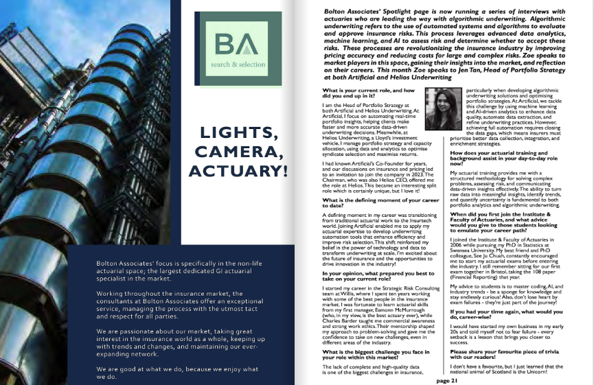 In our series for <a href="/actuarialpost/">Actuarial Post</a>, our Spotlight page is now focussing  on interviewing actuaries who are leading the way with algorithmic underwriting. This month Zoe Bolton interviews Jen Tan, Helios Underwriting  bit.ly/4fG2hKJ