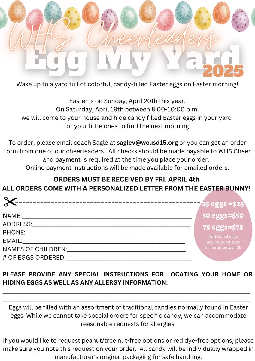 WHS Bullets Cheerleaders (@whsbullets) on Twitter photo ITS THAT TIME OF YEAR, AGAIN!!!
๐ฃ๐ฅ๐ธ
We are officially accepting orders to Egg Your Yard for Easter!!! Get your spot reserved now to guarantee your name on the list!
Email order to saglev@wcusd15.org or text Coach Sagle at 217-299-8253 for electronic payment or questions!!! ITS THAT TIME OF YEAR, AGAIN!!!
๐ฃ๐ฅ๐ธ
We are officially accepting orders to Egg Your Yard for Easter!!! Get your spot reserved now to guarantee your name on the list!
Email order to saglev@wcusd15.org or text Coach Sagle at 217-299-8253 for electronic payment or questions!!!