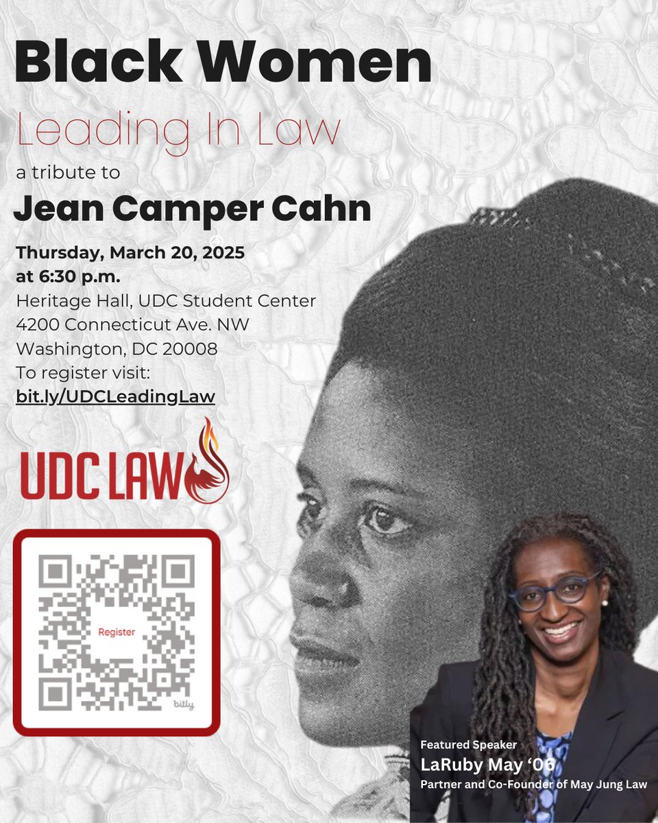 UDCLaw's tweet image. Join us on Thursday, March 20, for an insightful evening at the Black Women Leading in Law event, celebrating the legacy of Jean Camper Cahn, co-founder of UDC Law's predecessor school and the first Black woman to establish a law school. law.udc.edu/black-women-le…