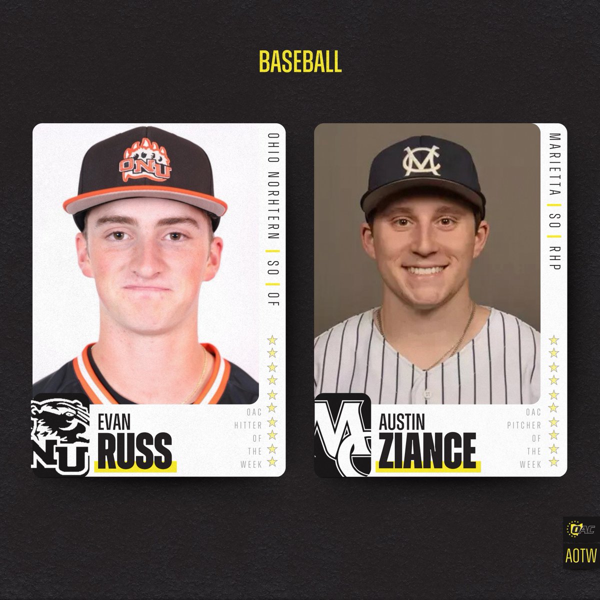 Ohio Athletic Conference (@ohathleticconf) on Twitter photo Athletes of the Week | Baseball ⚾️
Evan Russ, <a href="/ONUsports/">Ohio Northern Sports</a>
Austin Ziance, <a href="/MariettaPioneer/">Marietta College Athletics</a>
#OAC | #d3baseball Athletes of the Week | Baseball ⚾️
Evan Russ, <a href="/ONUsports/">Ohio Northern Sports</a>
Austin Ziance, <a href="/MariettaPioneer/">Marietta College Athletics</a>
#OAC | #d3baseball