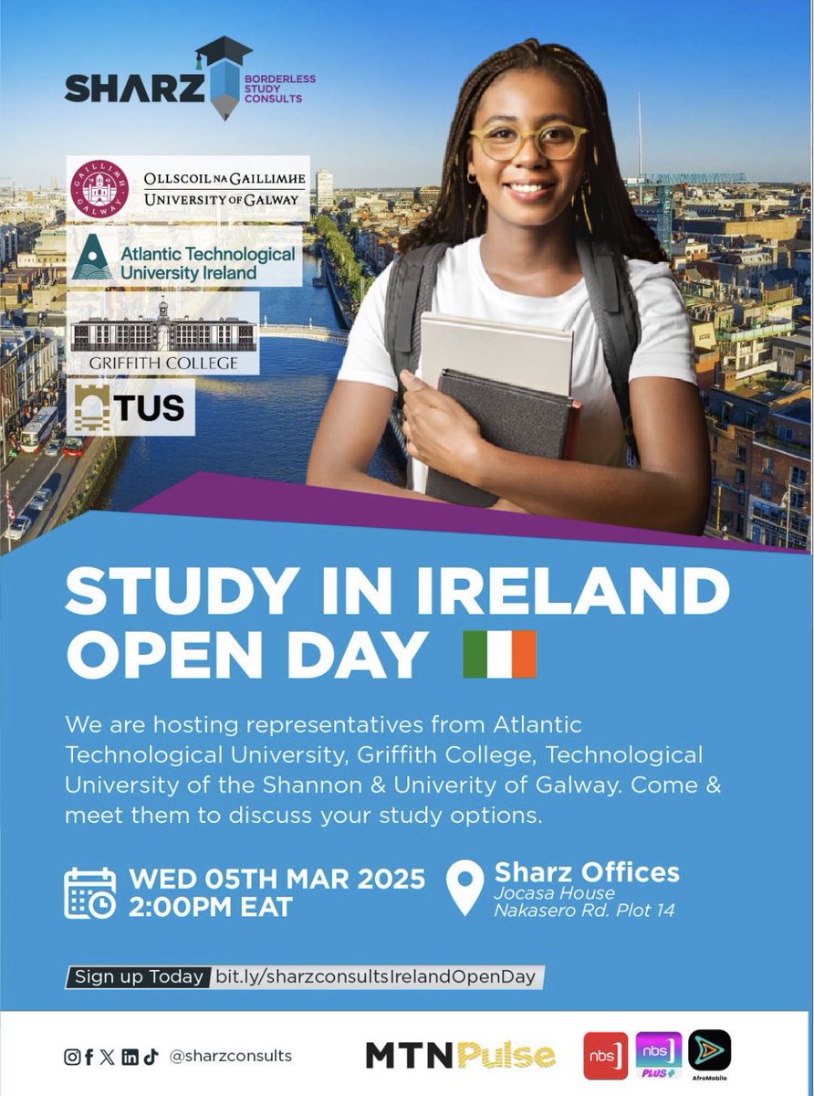 Join <a href="/ReidyDeclan/">Declan Reidy</a> and explore your study abroad options <a href="/atu_ie/">Atlantic Technological University</a> <a href="/SharzConsults/">Sharz - Borderless Study Consults</a> Study in Ireland Open Day 📅 Weds 5th March ⏰ 2:00pm EAT 📍Kampala, Uganda 🇺🇬 #StudyAbroad #ATUGlobal