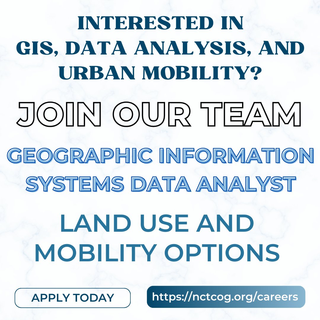 We're Hiring: GIS Data Analyst 🌍
Are you a GIS professional looking to make an impact in transportation and urban planning? 
📌 Apply now: nctcog.hua.hrsmart.com/hr/ats/Posting…
#UrbanMobility #DataAnalysis #TransportationPlanning
