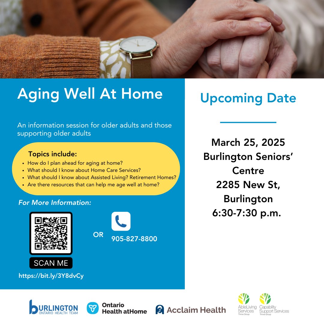Do you or your loved ones know how to prepare for aging at home? Join us for an info session to learn more about Aging Well At Home!

The next session takes place on March 25 at the Burlington Seniors' Centre. There is no cost to attend.

Sign up here ➡ acclaimhealth.ca/aging-well-at-…
