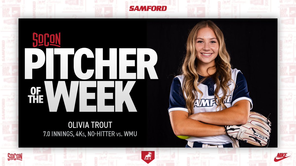 After a no-hitter against WMU, <a href="/OliviaTrout20/">Olivia Trout</a> is your <a href="/SoConSports/">The Southern Conference</a> Pitcher of the Week‼️

#AllForSAMford