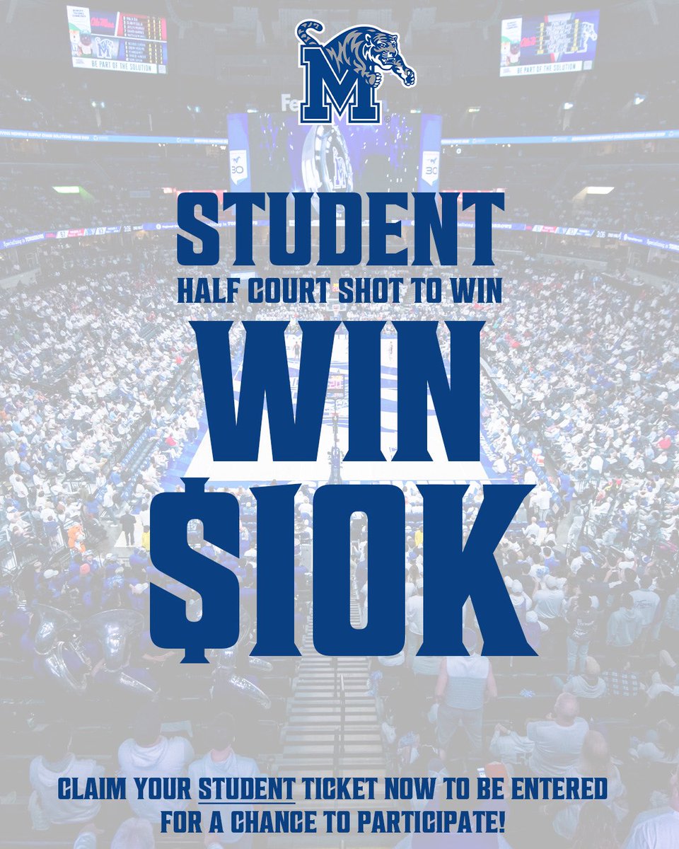 Student Half Court Shot for $10K 💰

Claim your student ticket now for Friday’s <a href="/Memphis_MBB/">Memphis Basketball</a> game to be entered for a chance to participate in the 𝗕𝗜𝗚 𝗠𝗢𝗡𝗘𝗬 half court shot 🤑

🎟️ gotigersgo.com/students