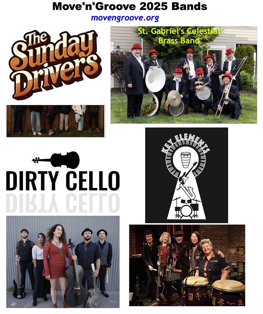 Move_n_Groove_'s tweet photo. Showcasing the FOUR bands that will be playing on the 5K course &amp; Memorial park at this year's Move'n'Groove:

🎺Saint Gabriel's Celestial Brass Band
🎸 The Sunday Drivers
🥁 KEY Elements Latin Jazz Ensemble
🎻 @DirtyCello

See https://t.co/WoGsYnJlc6 for band info &amp; previews! 🎶 https://t.co/UTj1iy6T2d