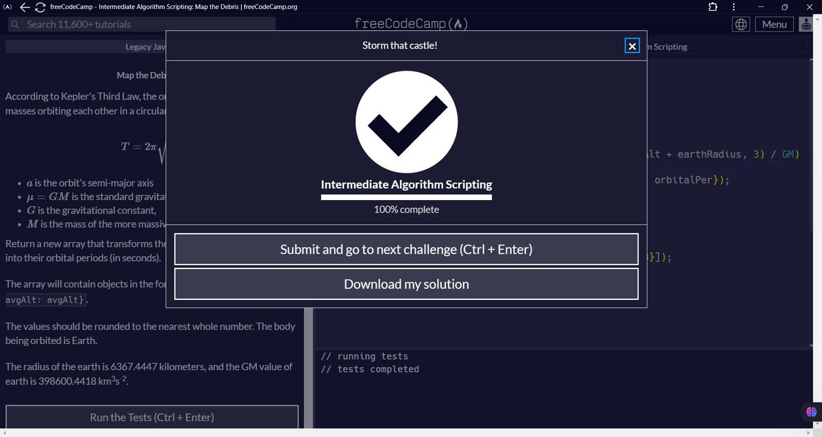 ekojoecovenant's tweet image. Day 100:
FreeCodeCamp:
- Completed "Intermediate Algorithm Scripting"
- Completed the Legacy "Cash Register" Project
- Completed the entire course "Legacy JavaScript Algorithms and Data Structures"
#100DaysofJavaScript Challenge Completed🎉 #Day100