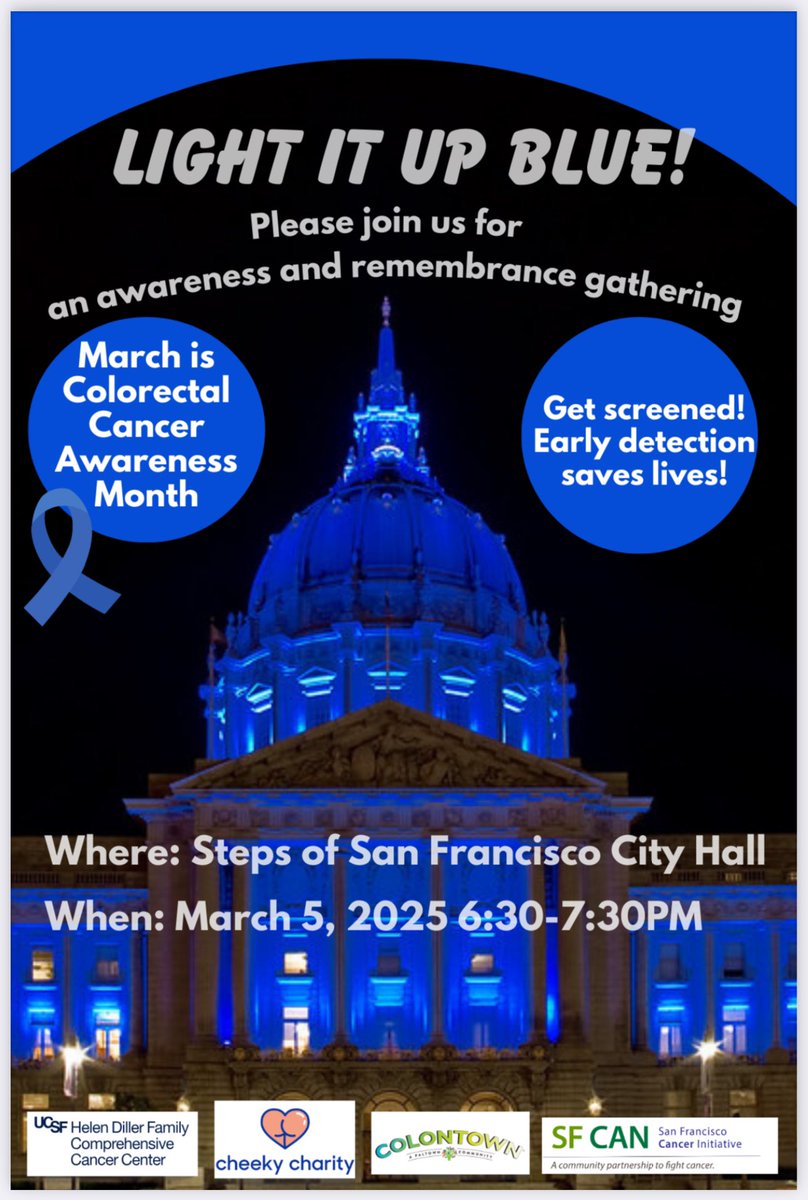 Katherine Van Loon, MD, MPH (@kvanloonmd) on Twitter photo March is #ColorectalCancerAwarenessMonth 🙏🏻Please join our SF Mayor <a href="/DanielLurie/">Daniel Lurie 丹尼爾·羅偉</a>, <a href="/UCSFCancer/">UCSF Helen Diller Family Comprehensive Cancer Ctr</a>, <a href="/colontown/">COLONTOWN</a>, <a href="/sf_cancer/">San Francisco Cancer Initiative</a>, and <a href="/Cheekycharity/">Cheeky Charity</a> on the steps of SF City Hall this Wed 3/5 at 6:30 for an awareness and remembrance gathering. Together, we will LIGHT IT UP BLUE! 💙 March is #ColorectalCancerAwarenessMonth 🙏🏻Please join our SF Mayor <a href="/DanielLurie/">Daniel Lurie 丹尼爾·羅偉</a>, <a href="/UCSFCancer/">UCSF Helen Diller Family Comprehensive Cancer Ctr</a>, <a href="/colontown/">COLONTOWN</a>, <a href="/sf_cancer/">San Francisco Cancer Initiative</a>, and <a href="/Cheekycharity/">Cheeky Charity</a> on the steps of SF City Hall this Wed 3/5 at 6:30 for an awareness and remembrance gathering. Together, we will LIGHT IT UP BLUE! 💙