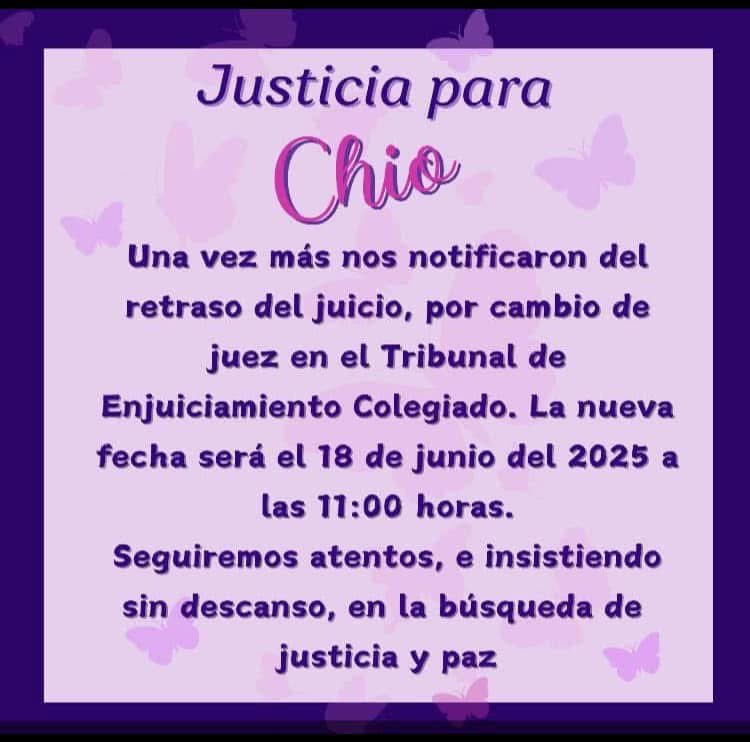 Me he mantenido hermética con el caso de feminicidio de una de mis mejores amigas: Chío… Esto para no afectar el proceso legal. 

Pero hoy después de 3 años 3 meses esperando el inicio del juicio que mañosamente se ha estado “retrasando” constantemente y que busca la liberación