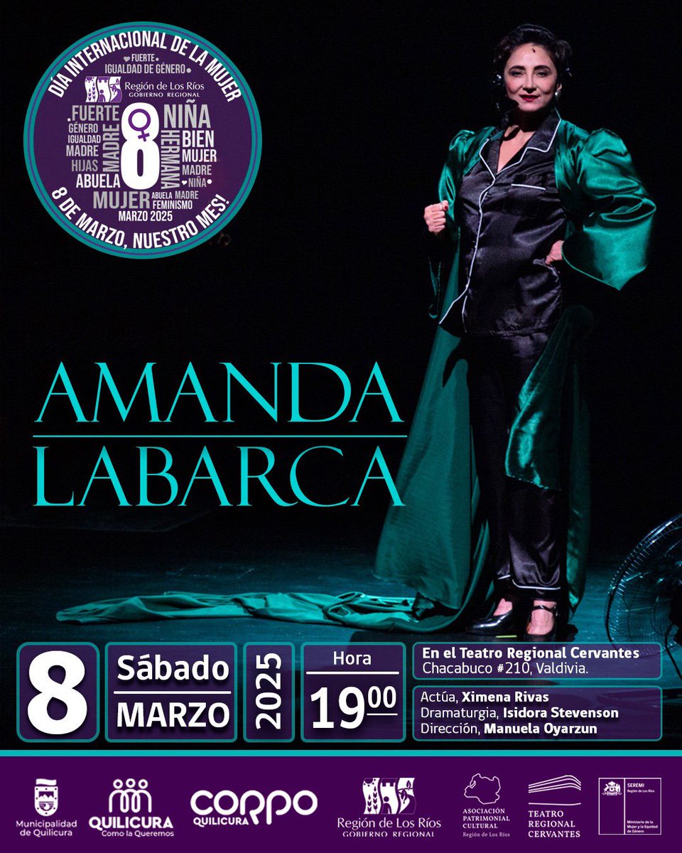 🚺 Este 8 de marzo, acompáñanos a conmemorar el Día Internacional de la Mujer con un homenaje a mujeres defensoras del territorio y la presentación del Monólogo Amanda Labarca.

‼️Retira tu entrada gratis en el Teatro Cervantes‼️

#Valdiviacl #8M #LosRíos