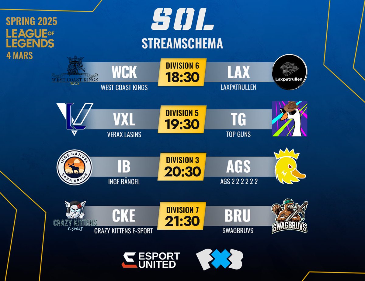 Svenska Onlineligan (@onlineligan) on Twitter photo đą SOL LoL Spring 2025 | Streamschema Div 4-7 đš
Talangtisdag Ă€r hĂ€r och ikvĂ€ll ser ni 4 spĂ€nnande dubbelmöten pĂ„ vĂ„r twitch! đ„
đ <a href="/ZzleeperJR/">Filip "Zzleeper" Rosenquist</a> & Ozzy
đș twitch.tv/svenskaonlinelâŠ
<a href="/WESTCOASTK1NGS/">WEST COAST KINGS</a> <a href="/VeraxEsports/">Verax Esports</a> <a href="/Topgunsesport/">Top Guns</a> <a href="/Ingebangel/">Inge BĂ€ngel</a> <a href="/AGSesportsLoL/">AGS Esports</a> đą SOL LoL Spring 2025 | Streamschema Div 4-7 đš
Talangtisdag Ă€r hĂ€r och ikvĂ€ll ser ni 4 spĂ€nnande dubbelmöten pĂ„ vĂ„r twitch! đ„
đ <a href="/ZzleeperJR/">Filip "Zzleeper" Rosenquist</a> & Ozzy
đș twitch.tv/svenskaonlinelâŠ
<a href="/WESTCOASTK1NGS/">WEST COAST KINGS</a> <a href="/VeraxEsports/">Verax Esports</a> <a href="/Topgunsesport/">Top Guns</a> <a href="/Ingebangel/">Inge BĂ€ngel</a> <a href="/AGSesportsLoL/">AGS Esports</a>