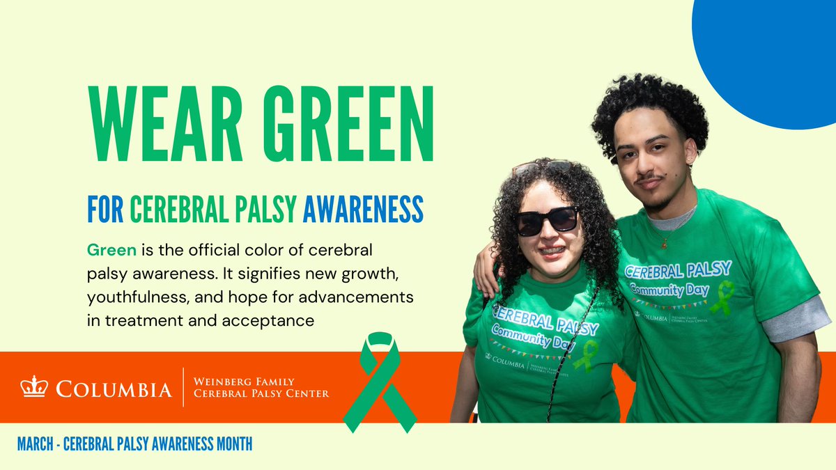 Be seen in green this March #cerebralpalsy awareness month

Green is the official color of #cerebralpalsyawareness. It signifies new growth, youthfulness and hope for advances in treatment and acceptance