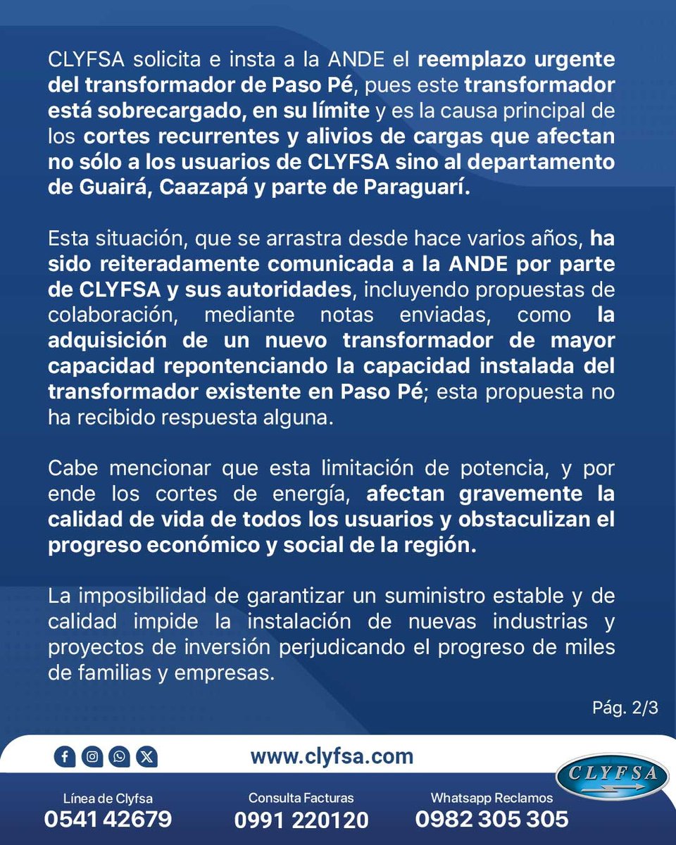 CLYFSAoficial's tweet photo. 📢 Comunicado Oficial
🗓️ 03.03.2025
Las temperaturas máximas esperadas para los siguientes tres días son entre 39 a 40 grados, lo que provocará un calor extremo. 🔥:
🔗 https://t.co/Iod0xAEuyu
Por otra parte, el IPPSE no descarta colapsos totales en el sistema eléctrico si siguen demorando las inversiones en el sector. ⚡:
🔗  https://t.co/m9WlXndhht