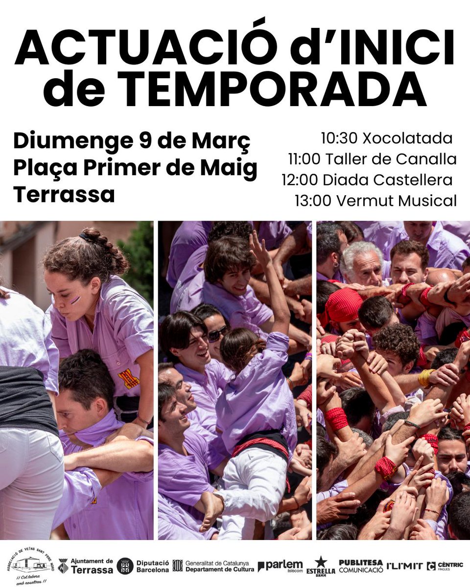 Ja tenim aquí la primera diada de la temporada.

🔜 Diumenge actuem a casa, actuem a la plaça Primer de Maig de Sant Pere Nord. 

➕ A més Xocolatada, tallers i vermut.

#Terrassa #castells #SomLaColla