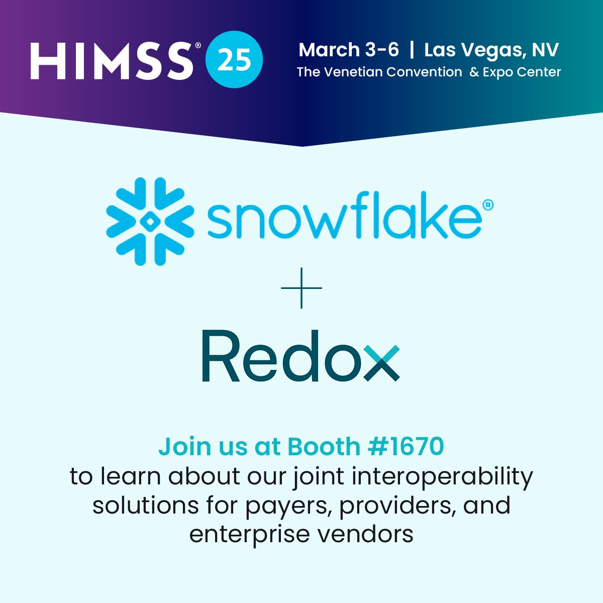 Redox (@redox) on Twitter photo See the future of #interoperability at #HIMSS25! Redox and <a href="/SnowflakeDB/">SnowflakeDB</a> are teaming up to show you how. Visit Booth 1670 to learn how we're building a more connected healthcare system. #healthcareIT #HIMSS See the future of #interoperability at #HIMSS25! Redox and <a href="/SnowflakeDB/">SnowflakeDB</a> are teaming up to show you how. Visit Booth 1670 to learn how we're building a more connected healthcare system. #healthcareIT #HIMSS