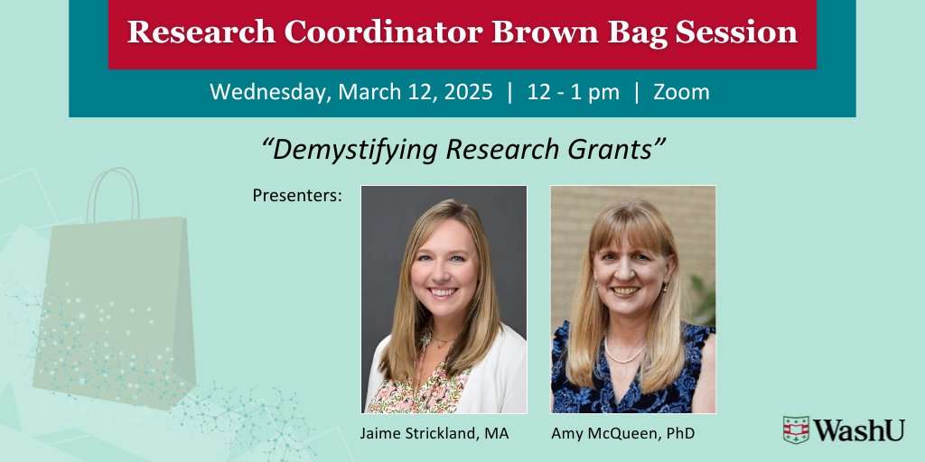 WashU Medicine Department of Medicine (@washudeptmed) on Twitter photo The <a href="/WUICTS/">ICTS @ WashU in STL</a> Research Coordinator Brown Bag Session is on March 12th, 2025 from Noon until 1pm. Amy McQueen, PhD, and Jaime Strickland, MA, will answer questions on how investigators win grants, what grants can pay for, and role of research staff.
Info> l8r.it/Eymn The <a href="/WUICTS/">ICTS @ WashU in STL</a> Research Coordinator Brown Bag Session is on March 12th, 2025 from Noon until 1pm. Amy McQueen, PhD, and Jaime Strickland, MA, will answer questions on how investigators win grants, what grants can pay for, and role of research staff.
Info> l8r.it/Eymn