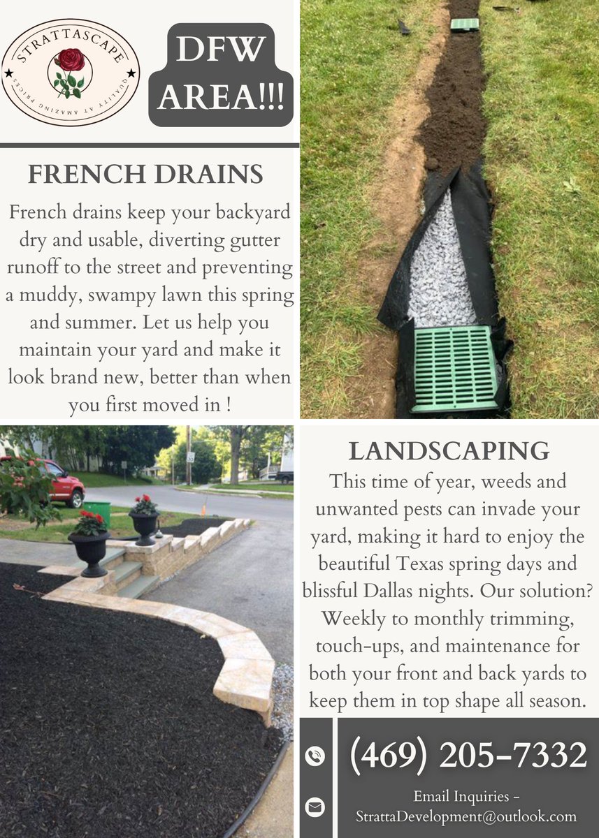 StrattaScape's tweet image. Free Consultation!

French Drains and Deep Driveway Cleaning - DFW and Surrounding Areas