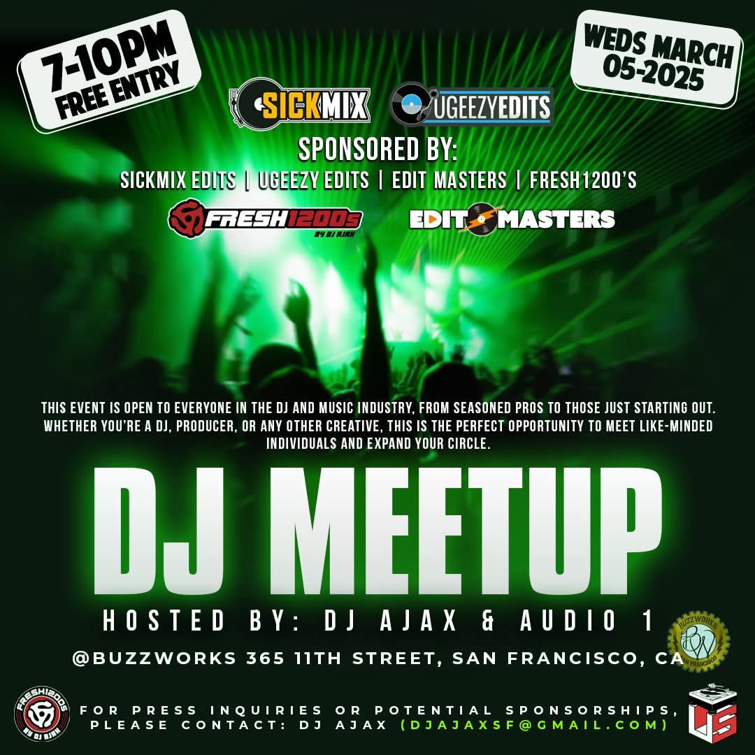 djaudio1's tweet photo. I'm putting out there for all SF Bay Area DJ Family. @djajax &amp; I are hosting a DJ Meetup this Wednesday at Buzzworks, 365 11th St, San Francisco from 7-10pm. Roll thru if you are in the area. Tell a friend to tell a friend. Network with all our DJ friends and family. https://t.co/jV2Ij1OJQA