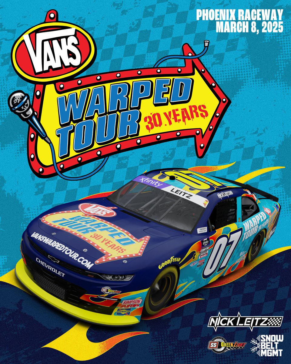 vroom vroom! we’re ecstatic to announce the @xfinityracing team will be racing the <a href="/VansWarpedTour/">Vans Warped Tour</a> 30th Anniversary car in NASCAR this Sat @ the Phoenix Raceway! 🏎️🏁

tune into CW @ 5pm ET to the watch them burn rubber 🛞 @nickleitz_ <a href="/snowbeltmgmt/">Snow Belt MGMT</a> @ssglr0708 @nascar_xfinity