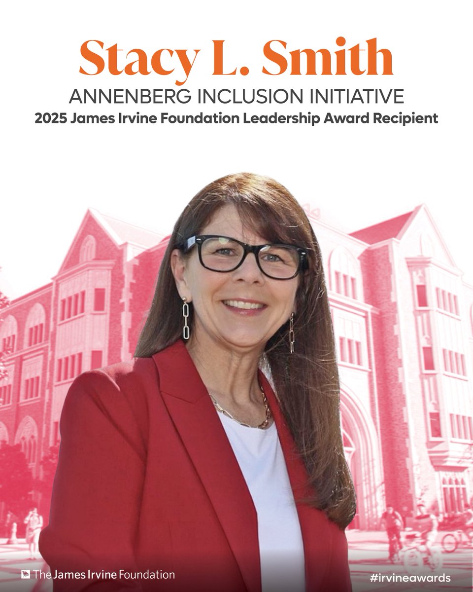 Irvine Foundation Leadership Awards (@irvine_awards) on Twitter photo Stacy L. Smith of <a href="/Inclusionists/">Annenberg Inclusion Initiative</a> has been recognized with a 2025 Leadership Award for championing representation in entertainment. Thank you for being an inspiration for what we can accomplish in California.
Learn more at: irvineawards.org/award-recipienā¦
#IrvineAwards Stacy L. Smith of <a href="/Inclusionists/">Annenberg Inclusion Initiative</a> has been recognized with a 2025 Leadership Award for championing representation in entertainment. Thank you for being an inspiration for what we can accomplish in California.
Learn more at: irvineawards.org/award-recipienā¦
#IrvineAwards