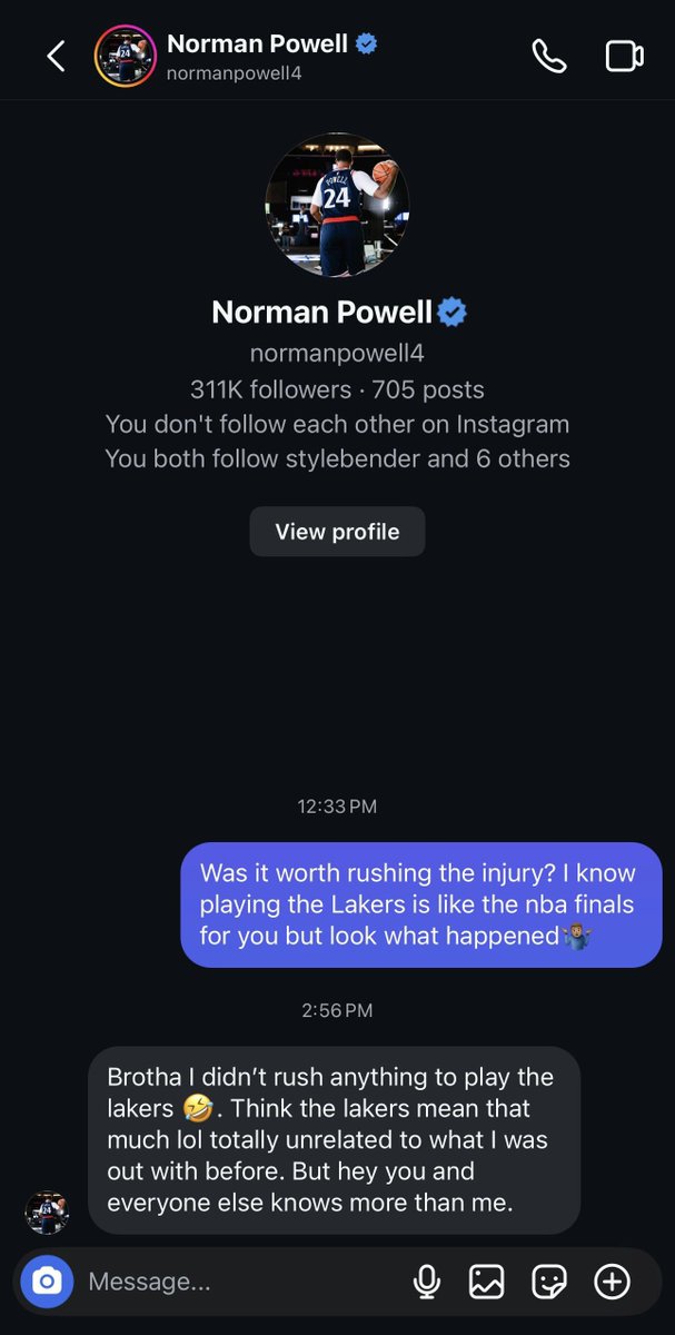 LADEig's tweet image. Norman Powell going at it with a Lakers fan in his DM’s 💀💀💀