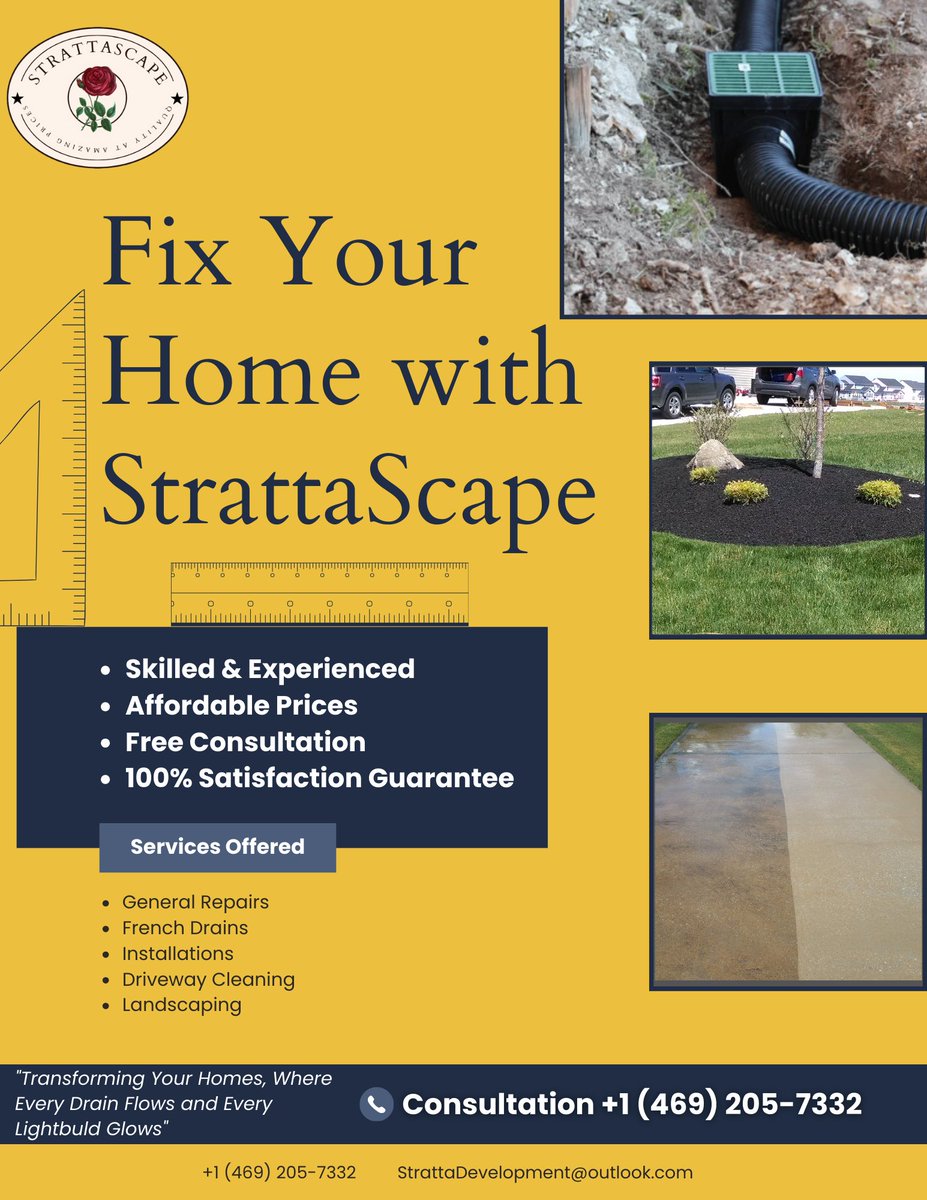 StrattaScape's tweet image. Quality DFW French Drains and Landscaping

French Drains Starting at - $20/ft (100 ft)
Driveway Deep Cleaning Starting at - $75 (2 Car G)
Mulching and Touching Up Starting at - $45
Weed/Lawn &amp;amp; Garden Care Starting at - $75
 
(469) 205-7332 or StrattaDevelopment@outlook.com