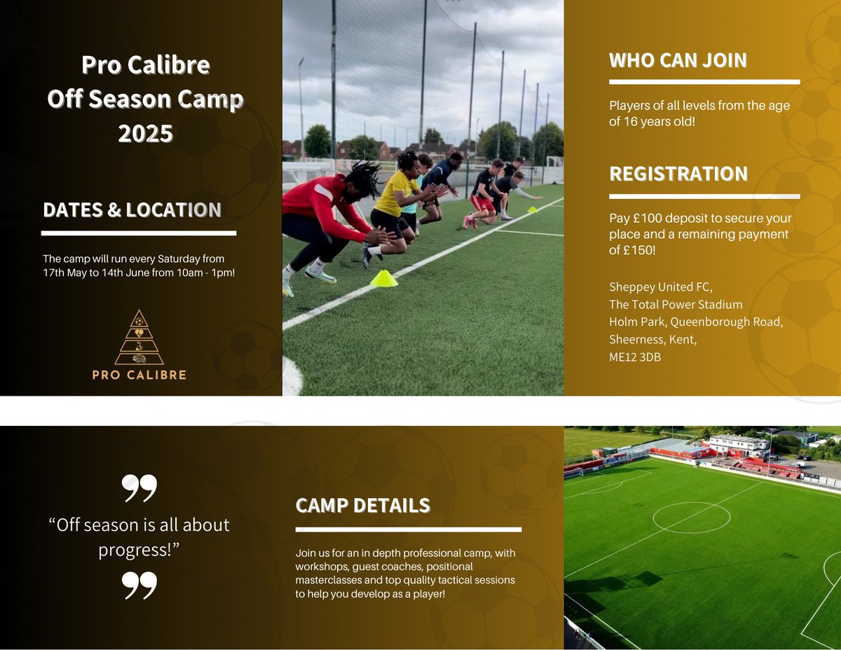 Glad to be hosting this years <a href="/pro_calibre/">Pro Calibre Coaching</a> camp at <a href="/SheppeyUFC/">Sheppey United FC</a> and there’s still spaces left! 

Sign up here:

forms.gle/scxSfkevqpUbAD…