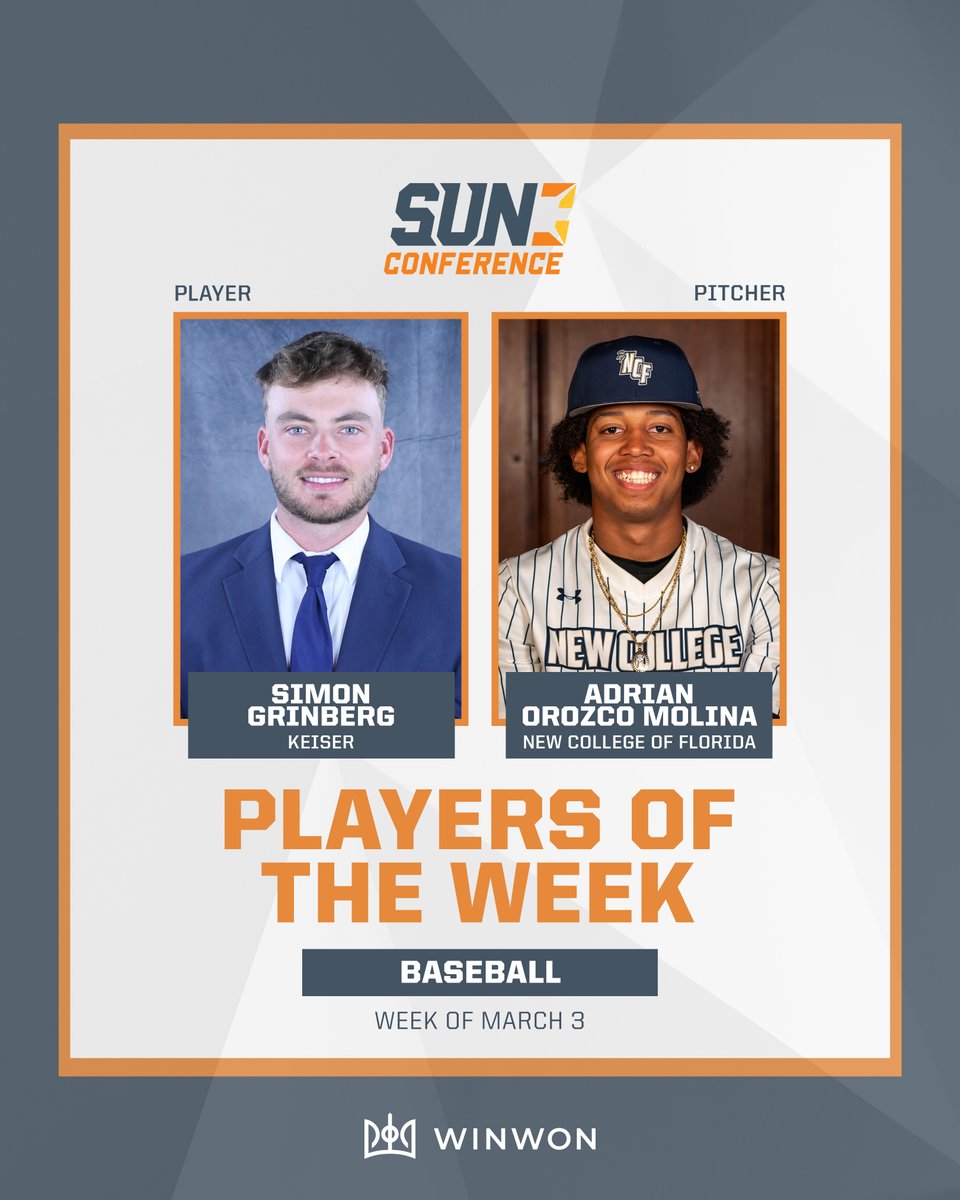 The Sun Conference (@sunconference) on Twitter photo Announcing this week's #SUNBSB Players of the Week, presented by <a href="/WinWonTech/">WinWon</a> ⬇️
Player - Simon Grinberg of <a href="/KeiserBaseball/">Keiser Baseball</a>
Pitcher - Adrian Arozco of <a href="/NCFBanyansBB/">NCF Baseball</a>
Click here to read more 🔗bit.ly/4h5enh4 Announcing this week's #SUNBSB Players of the Week, presented by <a href="/WinWonTech/">WinWon</a> ⬇️
Player - Simon Grinberg of <a href="/KeiserBaseball/">Keiser Baseball</a>
Pitcher - Adrian Arozco of <a href="/NCFBanyansBB/">NCF Baseball</a>
Click here to read more 🔗bit.ly/4h5enh4