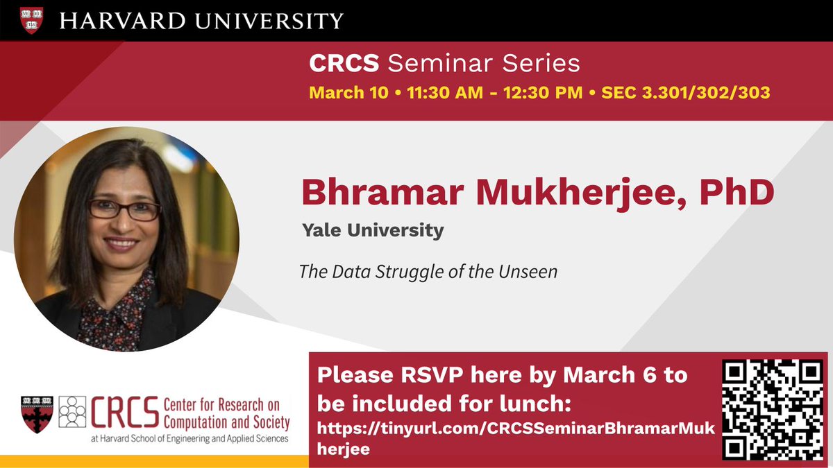 HCRCS's tweet image. What role can statisticians and computational scientists play in addressing biases and gaps in research data? 

Bhramar Mukherjee (@BhramarBioStat ) will tell us more  on Monday, March 10 at 11:30 AM in SEC 3.301/302/303! 

RSVP by March 6: tinyurl.com/CRCSSeminarBhr…
