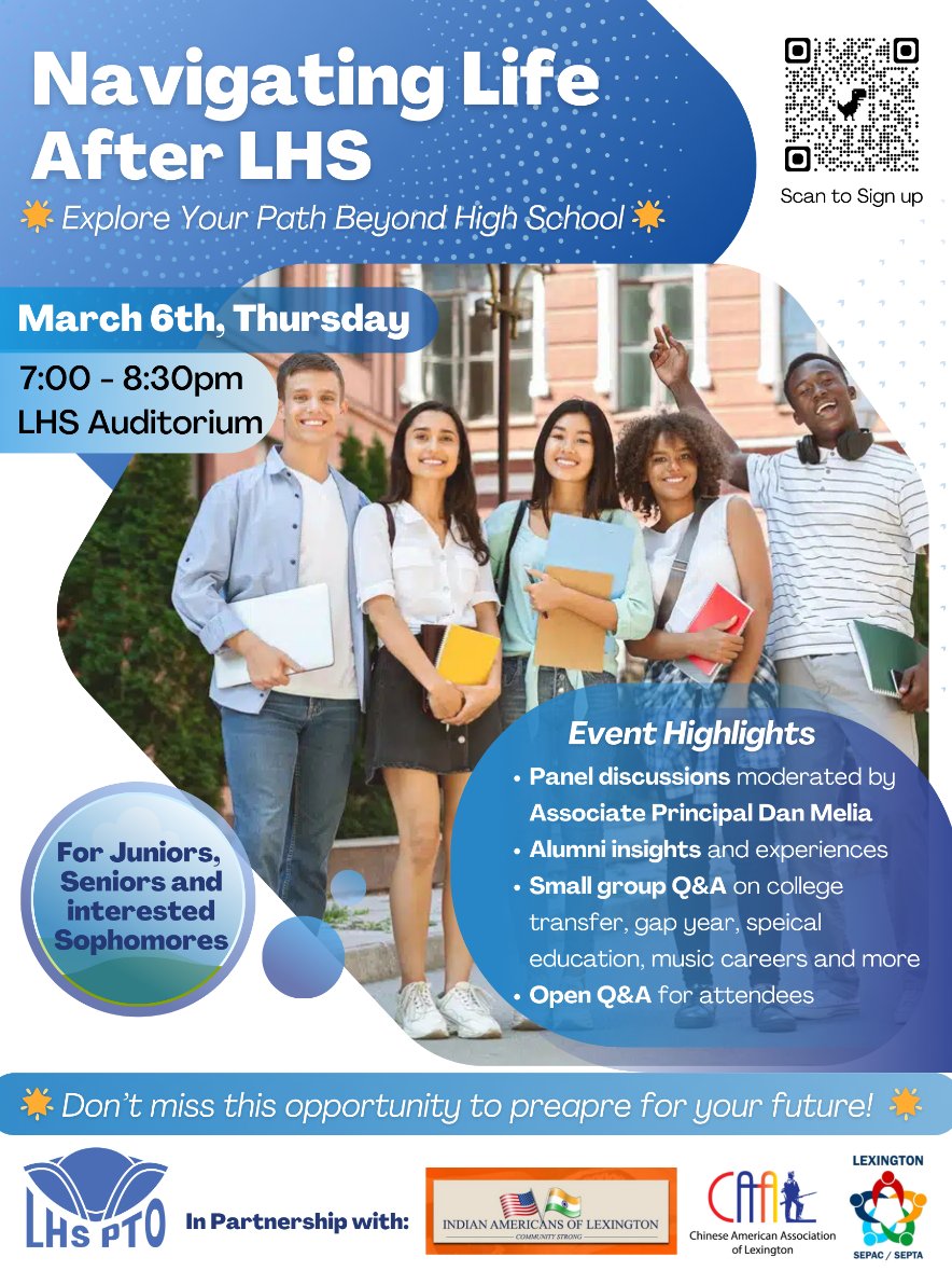 Explore life after high school! Juniors, Seniors &amp; Sophomores, join us to learn about gap years, unique majors, &amp; global experiences. Panel with LHS &amp; college alumni. 
📅 Mar 6, 7-8:30 PM 
📍 LHS Auditorium. Register: forms.gle/FJgJNfWFmz15MX…  Drop-in welcome!
#LHS_PTO