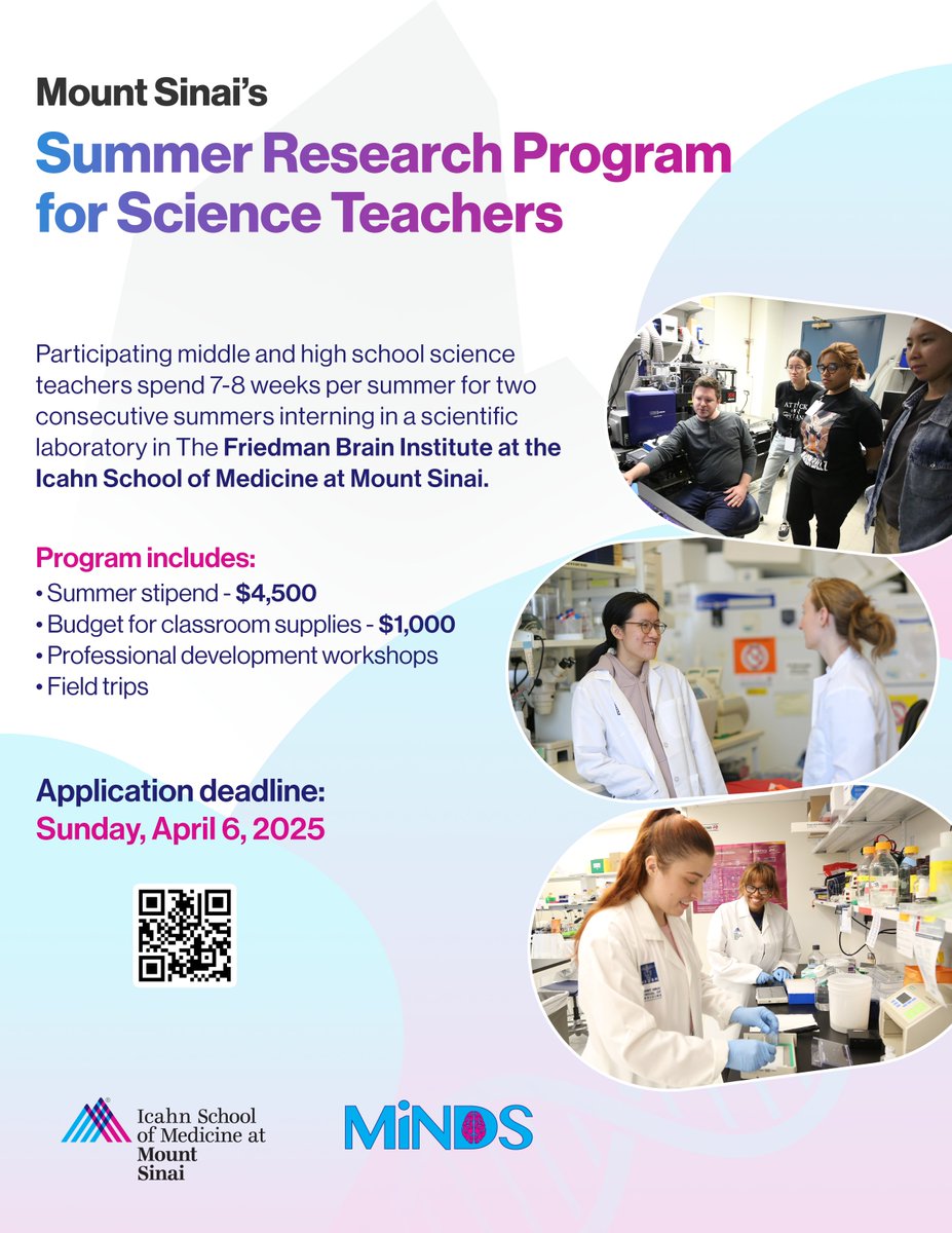 Friedman Brain Institute (@sinaibrain) on Twitter photo ļæ¼š£Calling NYC science teachers! INTERESTED in hands on research experience in a biomedical science lab? JOIN <a href="/MountSinaiNYC/">Mount Sinai Health System</a>ās Summer Research Program for Science Teachers!
ļæ¼āØ$4.5K stipend
ļæ¼āØ$1K - classroom supplies
ļæ¼āØProf dev workshops
DETAILSļæ¼šfriedmanbrain.icahn.mssm.edu/summer-researc⦠š£Calling NYC science teachers! INTERESTED in hands on research experience in a biomedical science lab? JOIN <a href="/MountSinaiNYC/">Mount Sinai Health System</a>ās Summer Research Program for Science Teachers!
ļæ¼āØ$4.5K stipend
ļæ¼āØ$1K - classroom supplies
ļæ¼āØProf dev workshops
DETAILSļæ¼šfriedmanbrain.icahn.mssm.edu/summer-researcā¦