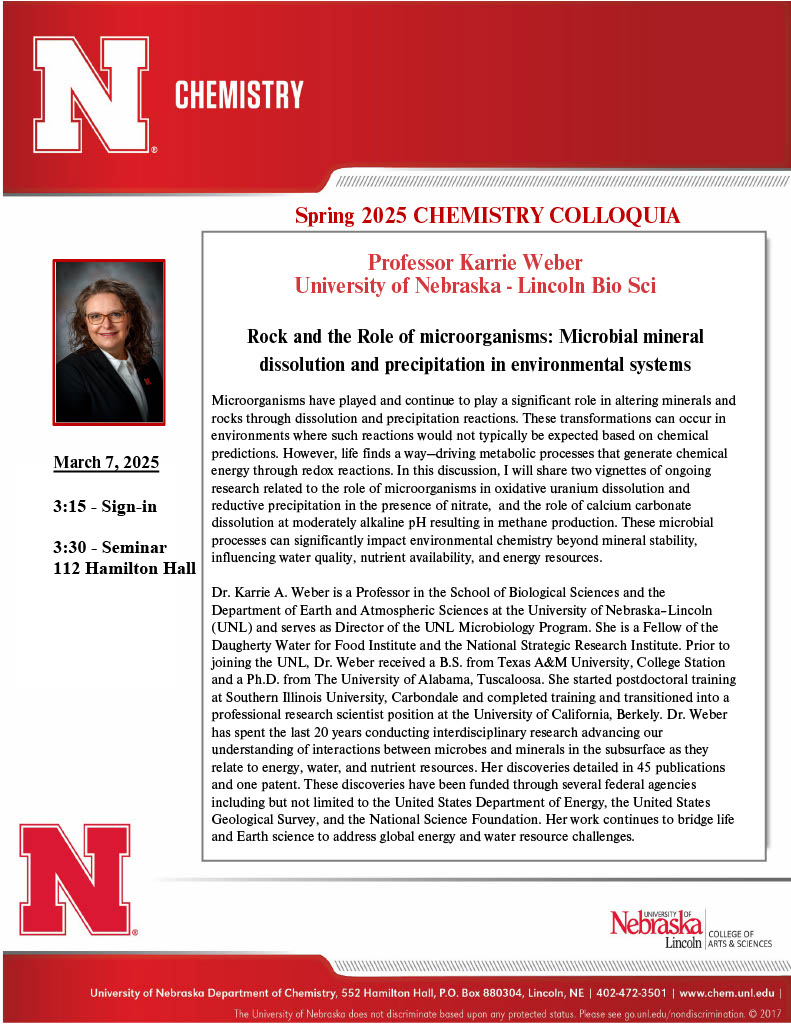 This Friday, March 7, we have fellow UNL professor Karrie Weber from Bio Sci joining us as our colloquium speaker. As always, seminar begins at 3:30pm in room 112 Hamilton Hall!