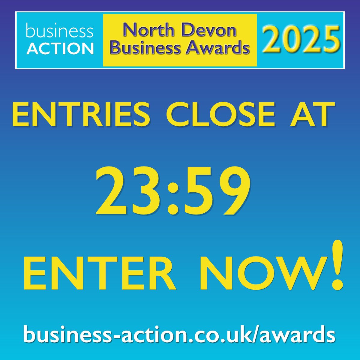 There's still a few hours before the North Devon Business Awards 2025 close for entries this evening.

Please send in your entries for your business or nominations for other businesses by 23:59 tonight.

business-action.co.uk/awards

#ndevon #northdevon