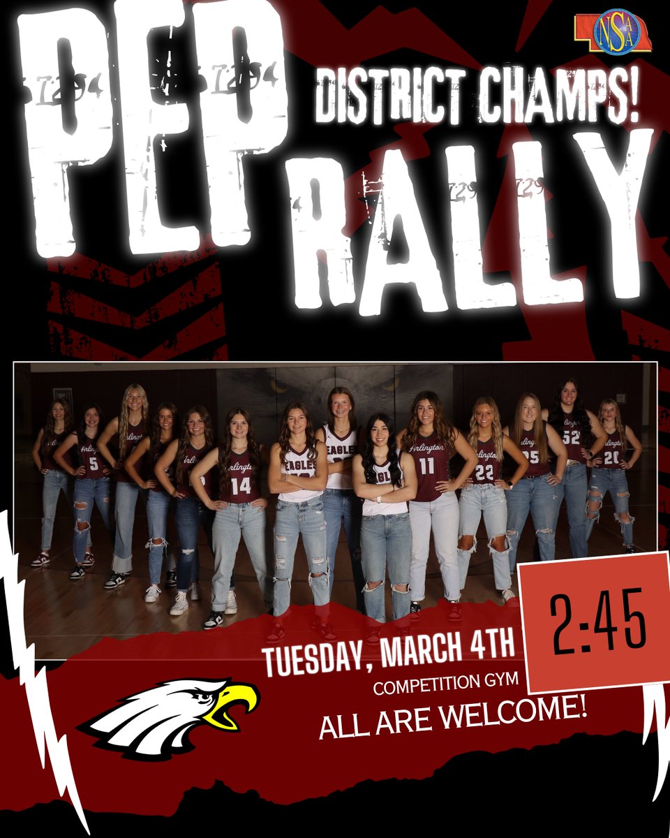 Update: Due to incoming weather the pep rally has been moved to 2:45, Tuesday afternoon.  Everyone is invited to the Pep Rally, Come cheer on the Arlington Girls Basketball team! Celebrate their success and get them ready for Wednesday's game. #GoEagles