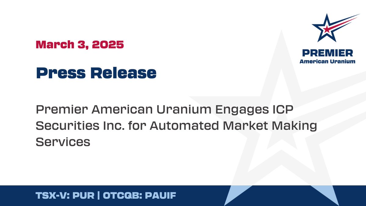 News Alert! 🚨

Premier American Uranium Engages ICP Securities Inc. for Automated Market Making Services

premierur.com/premier-americ…

TSX-V: $PUR | OTCQB: $PAUIF #PremierAmerican #Mining #Uranium