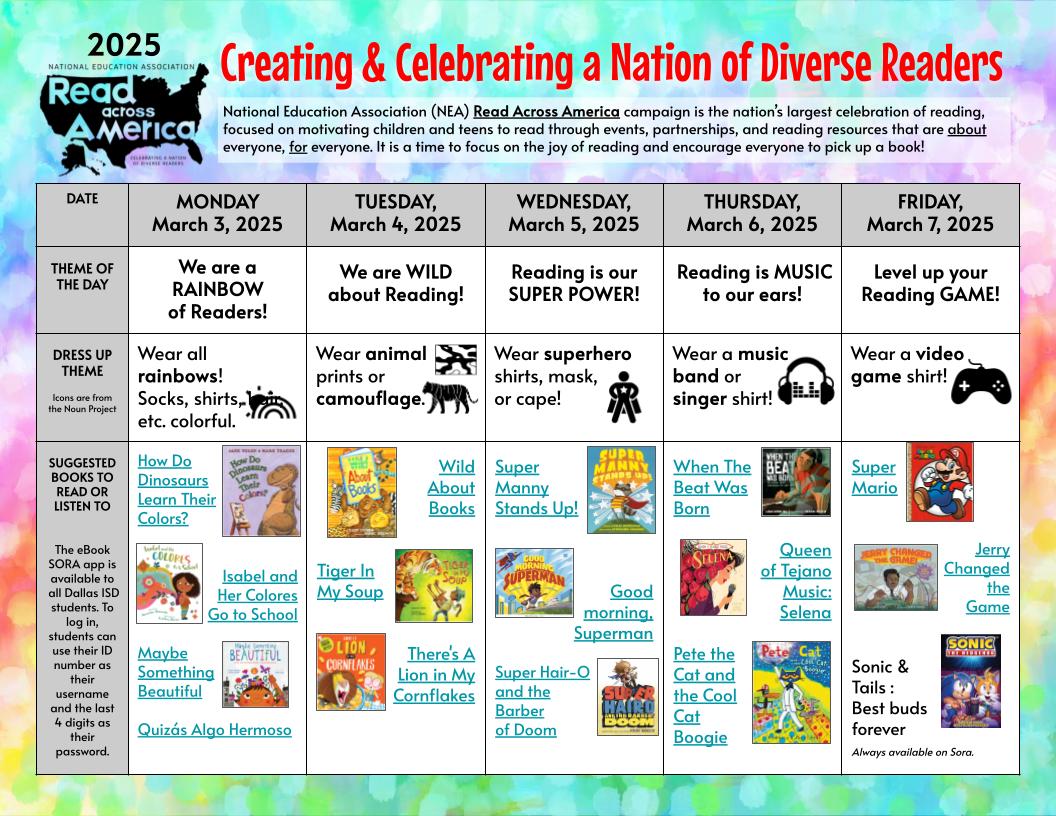 Ben Milam Elem Library (formerly @ LLH_Library) (@bmilam_library) on Twitter photo 📚✨ It's Read Across America Week! 📚✨
It's a time to focus on the joy of reading and encourage all Tigers 🐯to pick up a book or two. Today was RAINBOWS 🌈, but you can still join in on the fun the rest of the week. <a href="/BenMilamES/">Ben Milam Elementary</a> <a href="/JuanCordobaDISD/">NorthDallasVT</a> @Region3_DISD #ReadAcrossAmerica 📚✨ It's Read Across America Week! 📚✨
It's a time to focus on the joy of reading and encourage all Tigers 🐯to pick up a book or two. Today was RAINBOWS 🌈, but you can still join in on the fun the rest of the week. <a href="/BenMilamES/">Ben Milam Elementary</a> <a href="/JuanCordobaDISD/">NorthDallasVT</a> @Region3_DISD #ReadAcrossAmerica