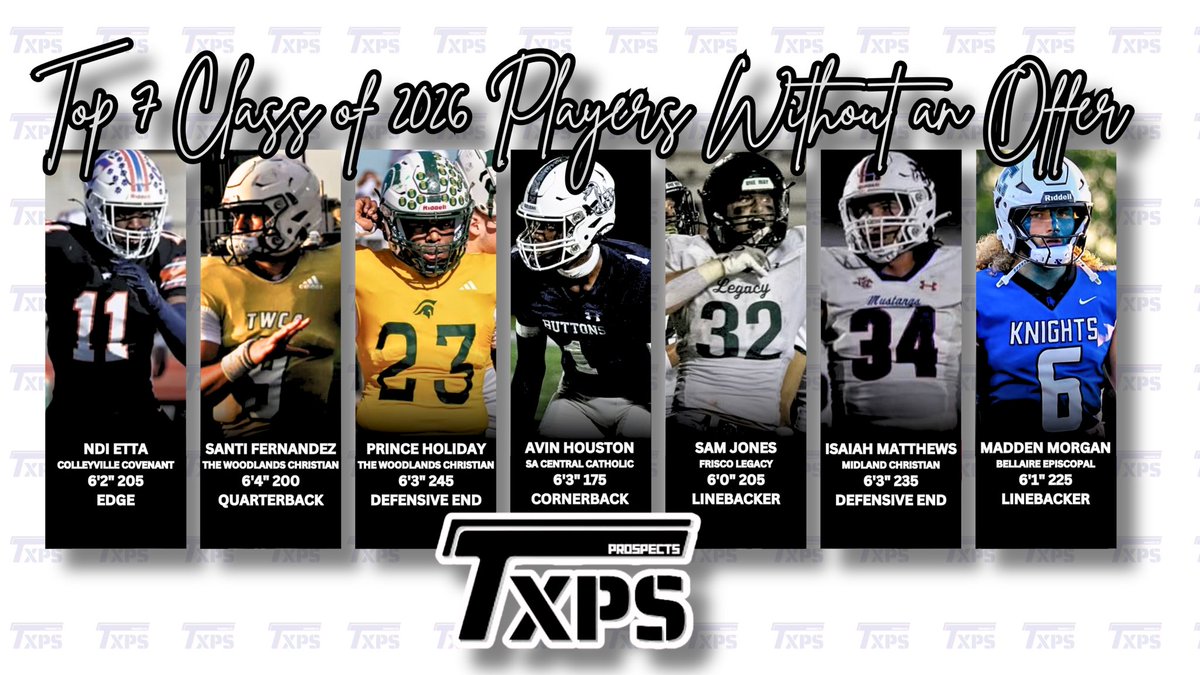 Texas Private School Football (@txprivatefbguy) on Twitter photo College Coaches,
Here are my top 7 class of 2026 prospects in TXPSFB without an offer that you should consider recruiting!
<a href="/ndi_etta/">Ndi Etta</a>
<a href="/sant1fernandez2/">santiago fernandez</a>
<a href="/5starr_prince/">Prince Holiday</a>
<a href="/AvinHouston26/">Avin Houston</a>
<a href="/SamJones_2026/">Sam Jones 2026</a>
<a href="/isaiah34math/">Isaiah Mathews</a>
<a href="/Maddog_2026/">Madden Morgan</a>
All are D1 talents! Let me know if you want College Coaches,
Here are my top 7 class of 2026 prospects in TXPSFB without an offer that you should consider recruiting!
<a href="/ndi_etta/">Ndi Etta</a>
<a href="/sant1fernandez2/">santiago fernandez</a>
<a href="/5starr_prince/">Prince Holiday</a>
<a href="/AvinHouston26/">Avin Houston</a>
<a href="/SamJones_2026/">Sam Jones 2026</a>
<a href="/isaiah34math/">Isaiah Mathews</a>
<a href="/Maddog_2026/">Madden Morgan</a>
All are D1 talents! Let me know if you want