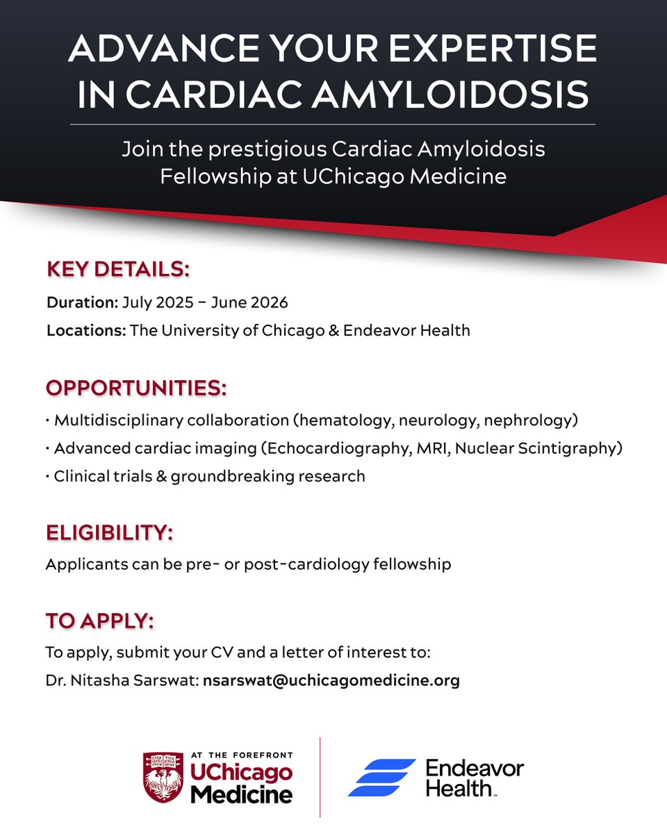 UChicagoCardio (@uchicagocardio) on Twitter photo Now accepting applications for the Cardiac Amyloidosis Fellowship at <a href="/UChicagoMed/">UChicago Medicine</a>! This one-year training program (July 2025 – June 2026) offers hands-on experience in multidisciplinary care, advanced imaging, and groundbreaking research.
📍 Train at The University of Chicago & Now accepting applications for the Cardiac Amyloidosis Fellowship at <a href="/UChicagoMed/">UChicago Medicine</a>! This one-year training program (July 2025 – June 2026) offers hands-on experience in multidisciplinary care, advanced imaging, and groundbreaking research.
📍 Train at The University of Chicago &