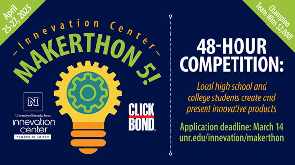 University of Nevada, Reno (@unevadareno) on Twitter photo Join <a href="/UNRresearch/">University of Nevada, Reno Research</a> and the <a href="/unevadareno/">University of Nevada, Reno</a>'s Innevation Center for Makerthon 5, sponsored by <a href="/ClickBondInc/">Click Bond, Inc.</a>, April 25-27. Teams from local high schools and colleges create and present innovative products for a chance to win $2,000! Applications are open until March 14. Applicants must Join <a href="/UNRresearch/">University of Nevada, Reno Research</a> and the <a href="/unevadareno/">University of Nevada, Reno</a>'s Innevation Center for Makerthon 5, sponsored by <a href="/ClickBondInc/">Click Bond, Inc.</a>, April 25-27. Teams from local high schools and colleges create and present innovative products for a chance to win $2,000! Applications are open until March 14. Applicants must